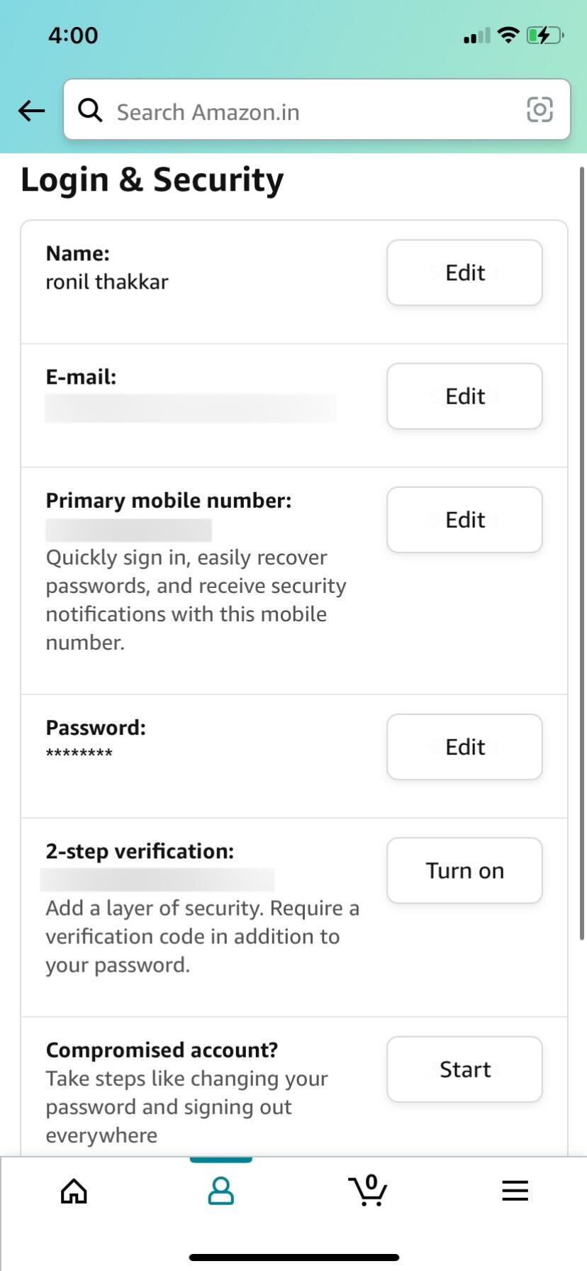 خيار تعديل كلمة المرور لتطبيق أمازون