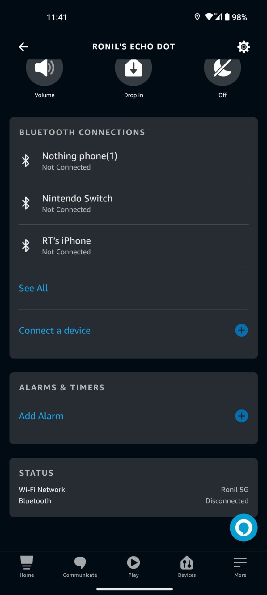 حالة إعدادات صدى تطبيق Alexa