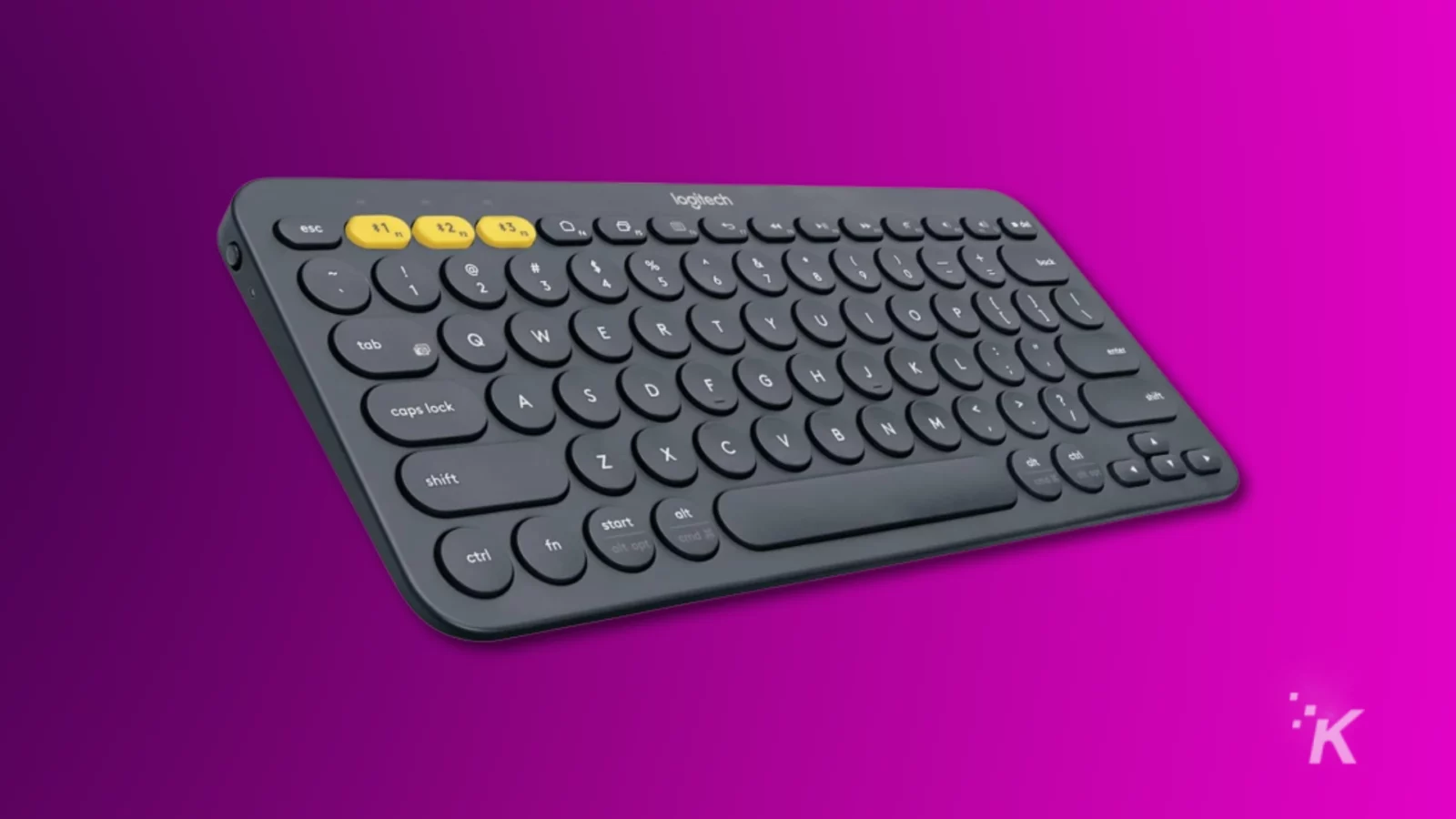 Logitech k380 bluetooth keyboard on a purple background