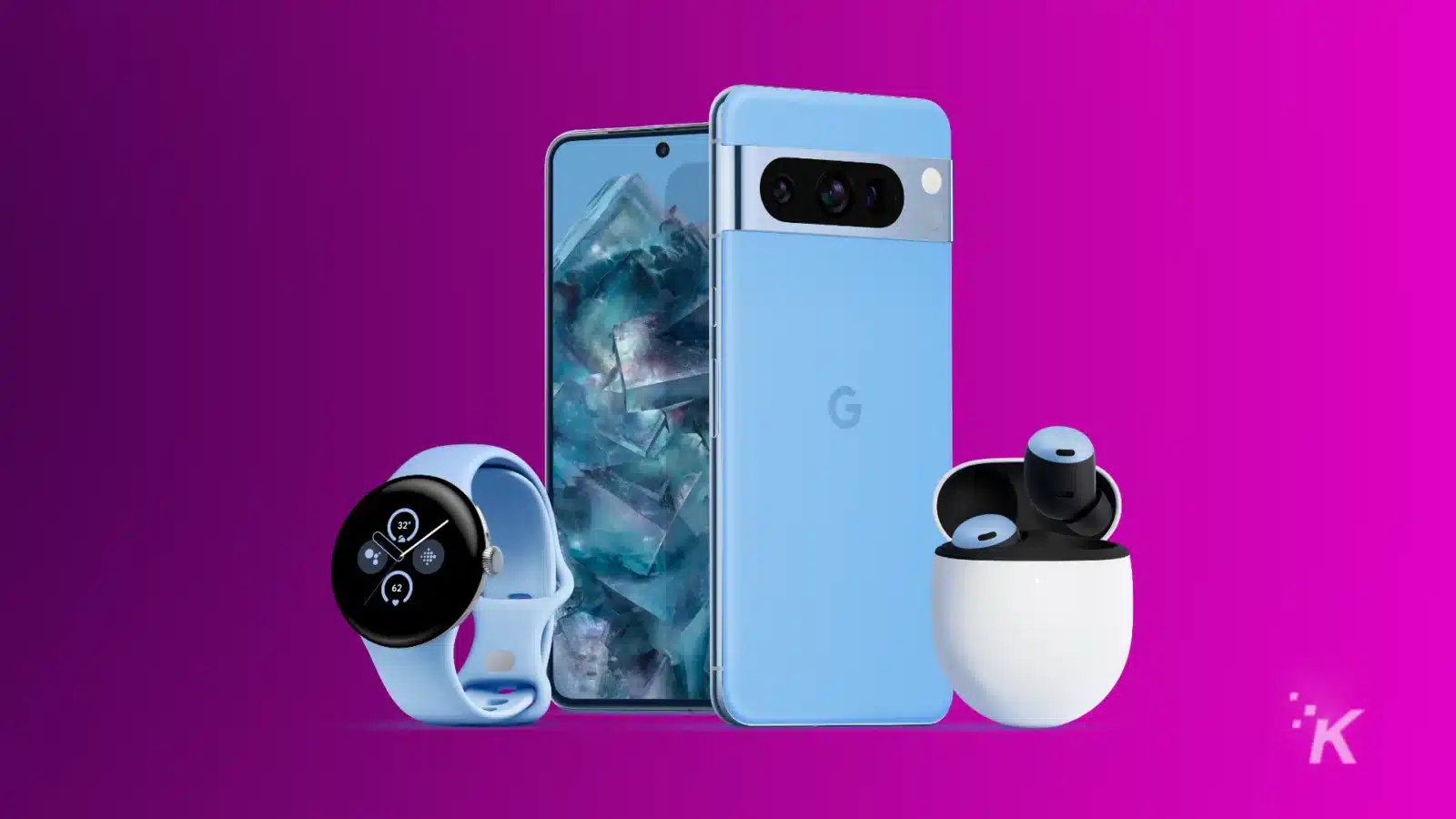 Die besten Vorbestellungsangebote für Google Pixel 8 Google pixel 8 and 8 pro smartphones, pixel watch 2 smartwatch and buds pro earbuds on a purple background