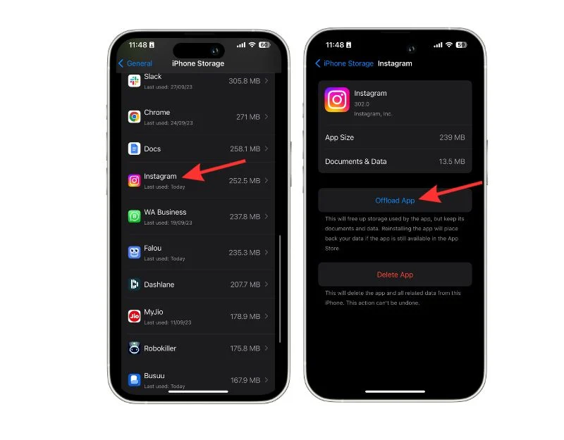 offload cache on instagram app