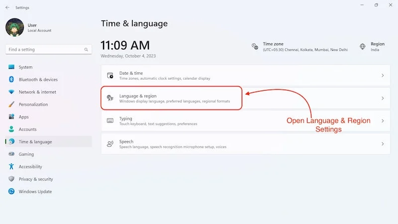 open language & region settings