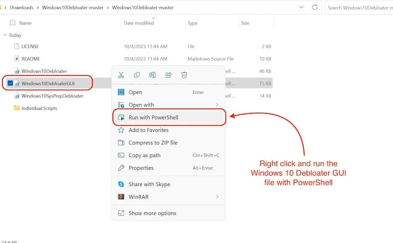 run the windows 10 debloater powershell file