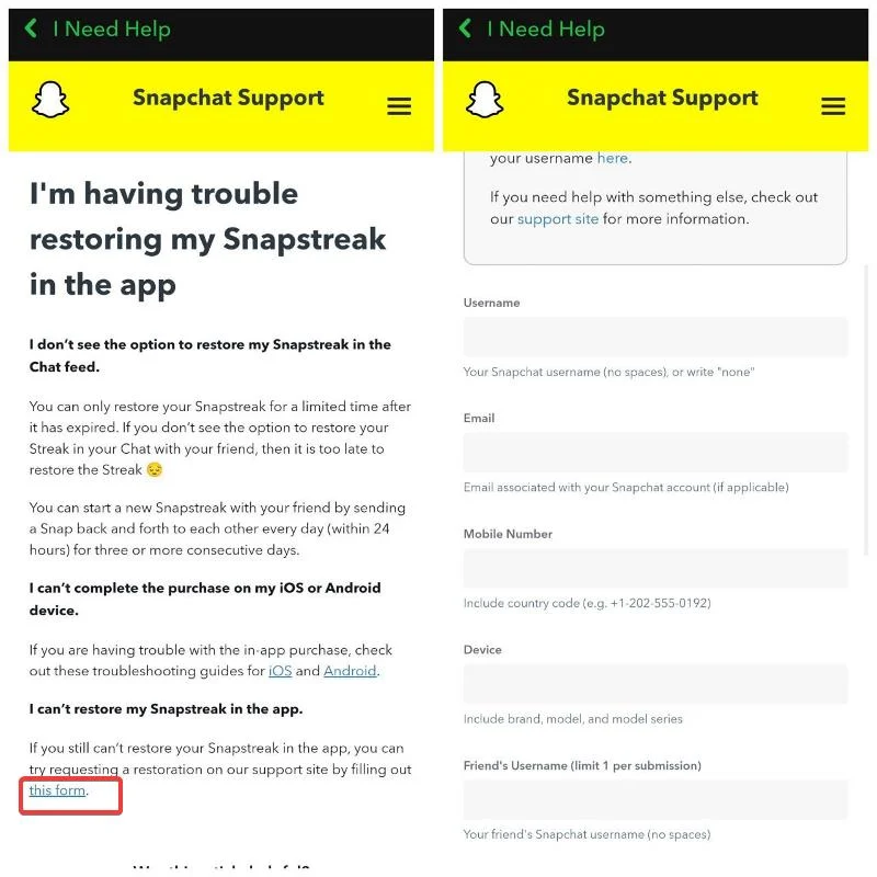 contact snapchat support for streak restoration