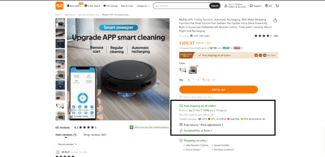 Una página de producto en el sitio web de Temu con la ventana de entrega resaltada