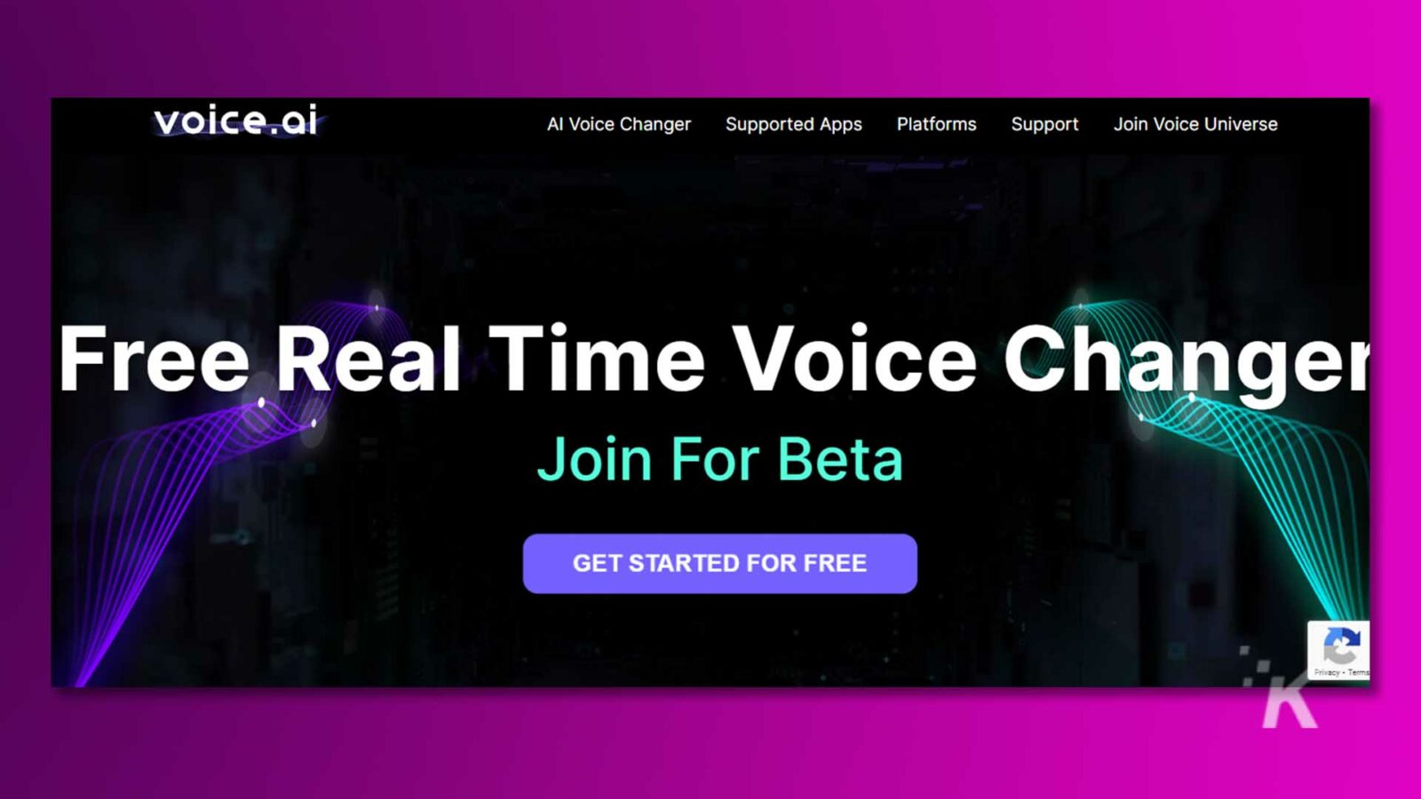 Această imagine promovează o platformă de schimbare a vocii AI numită voce. Ai, care permite utilizatorilor să se alăture gratuit și să înceapă cu un schimbător de voce în timp real.