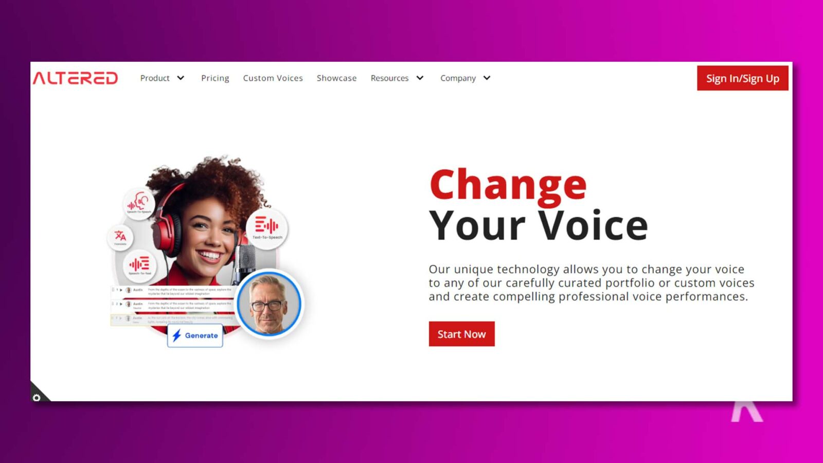 Această imagine face publicitate unui serviciu de conversie a textului în vorbire care permite utilizatorilor să își personalizeze vocea cu un portofoliu de voci sau să își creeze propria voce personalizată.