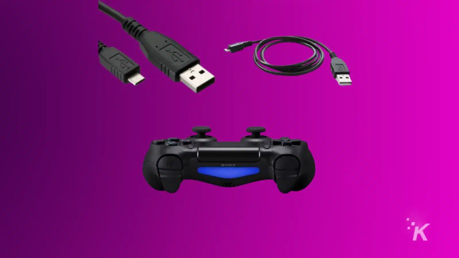 cum să repari un controler ps4 care nu funcționează Dualshock 4 controller with two usb cables on a purple background