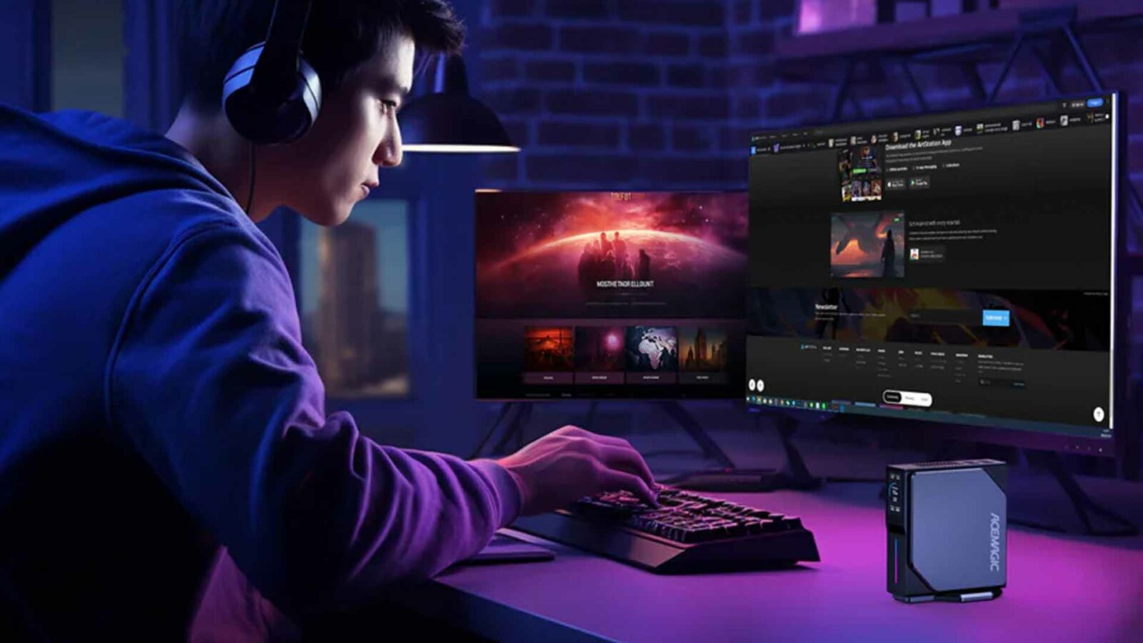 Uma pessoa está jogando em um monitor de computador com tela LCD retroiluminada por LED, cercada por outros dispositivos eletrônicos e dispositivos de saída multimídia, transmitindo vídeo e tecnologia dentro de um ambiente interno.