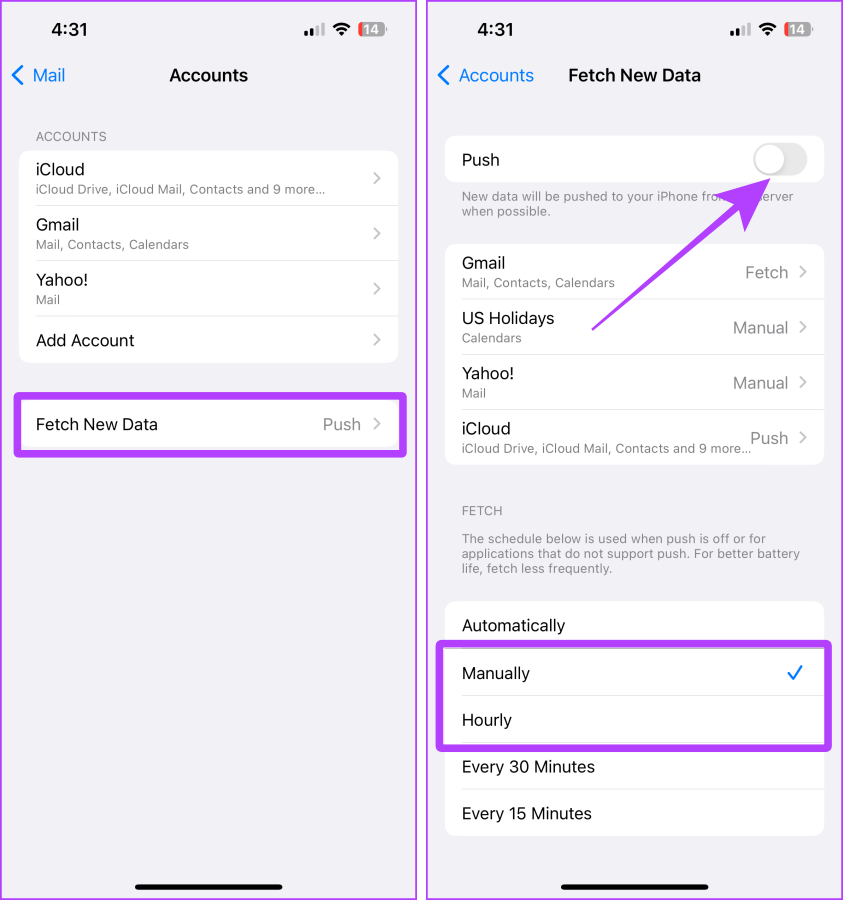 mail fetch new data settings iphone