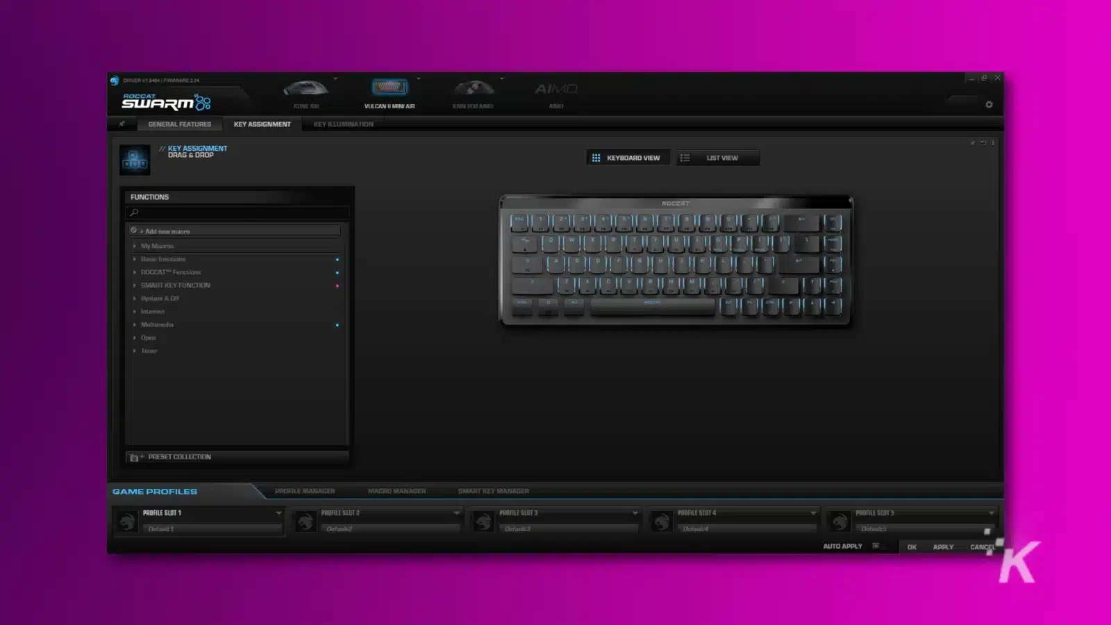 评测:roccat vulcan ii 迷你空气机械键盘 Roccat swarm software showing the vulcan mini keyboard settings