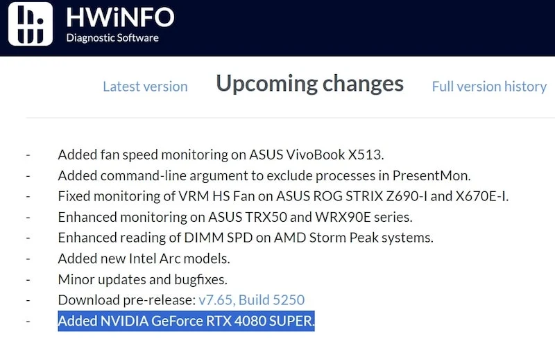 RTX 4080 超级硬件信息变更日志 rtx 4080 super hwinfo changelog