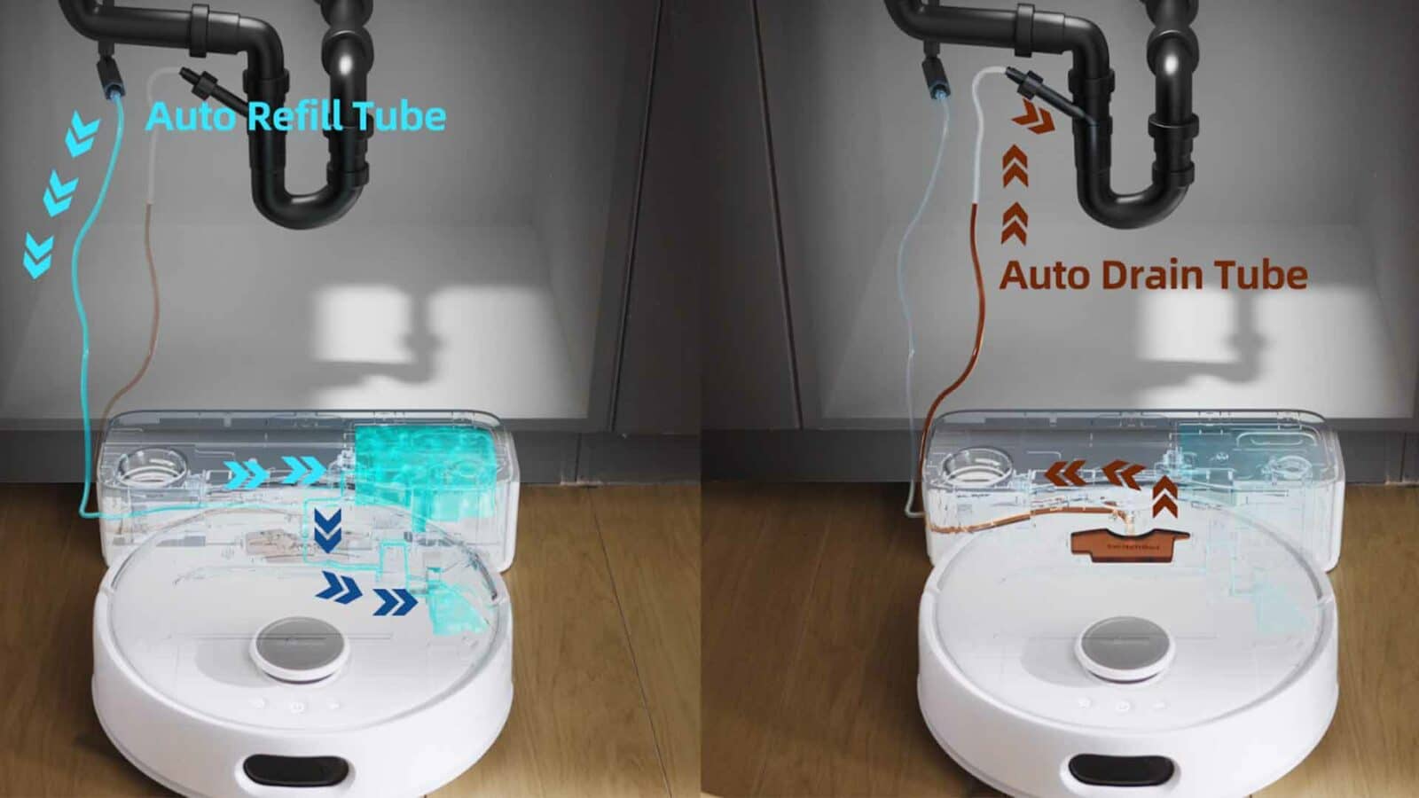 バスルームの配管設備は、シンクから自動排水チューブに水を積極的に排水しています。