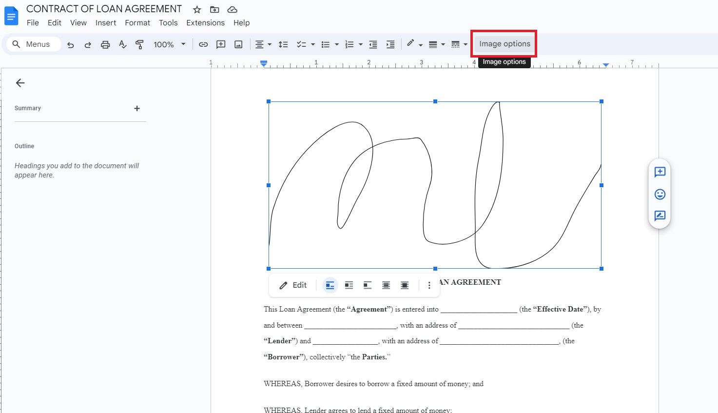 Opțiuni de imagine Google Doc