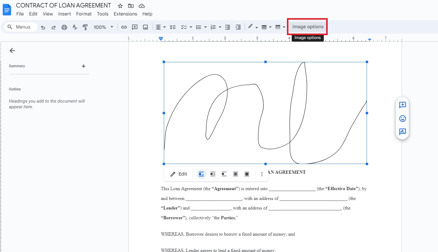 Opciones de imagen de Google Doc