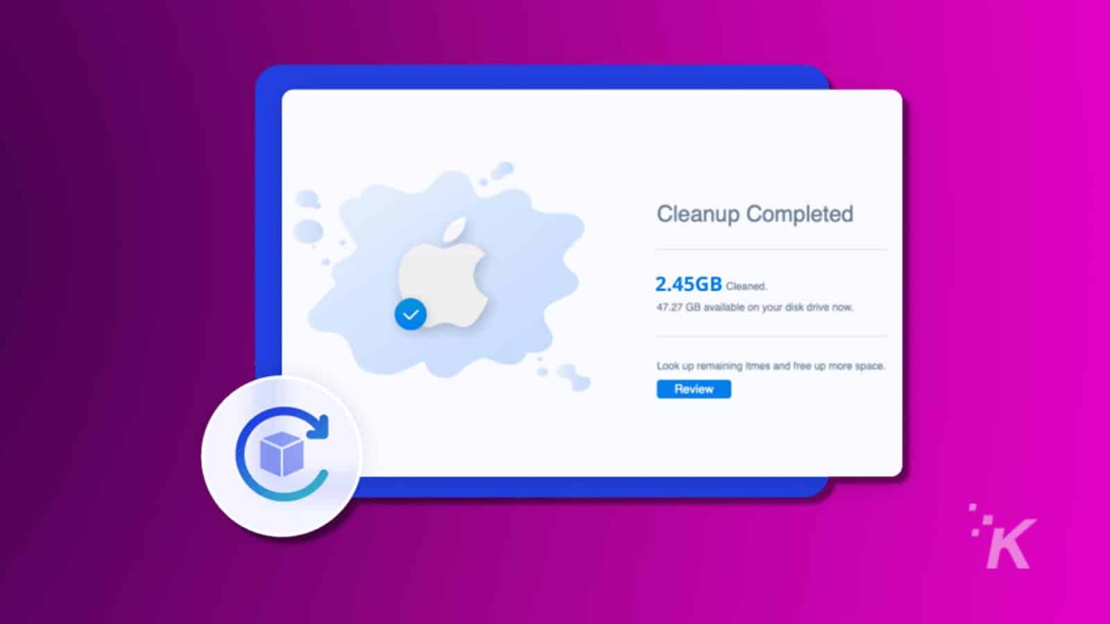 この画像は、クリーンアップが成功したことを示すデジタル インターフェイスを示しています。2. 45 GB がクリアされ、デバイス上で利用可能なストレージ容量が増えています。マキューブのクリーンアップ