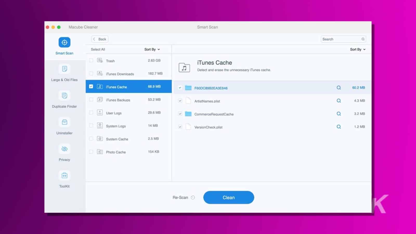 「macube クリーナー」と呼ばれるクリーニング ユーティリティ アプリのインターフェイスを表示するコンピューター画面。iTunes キャッシュやその他のファイルを削除するためのオプションが表示されます。