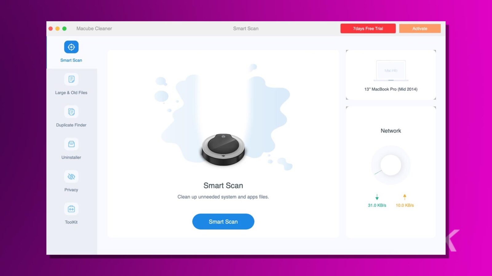 この画像は、スマート スキャンやその他のクリーニング ツールのリストなどのオプションを備えた macube クリーナー ソフトウェアのユーザー インターフェイスを示しています。