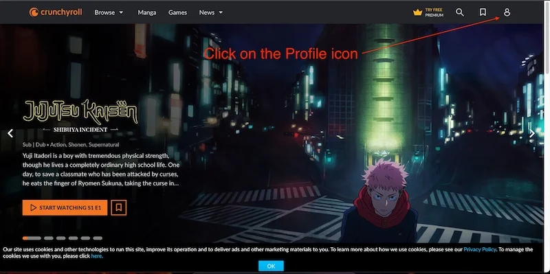 open crunchyroll and click on profile