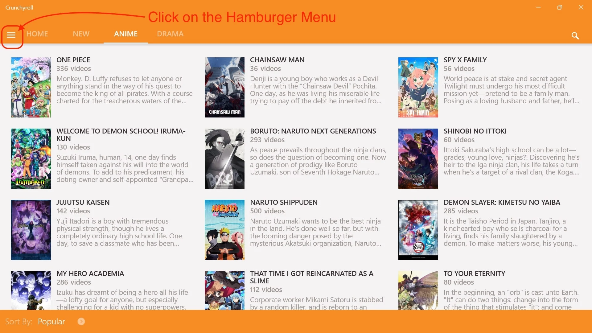 search for crunchyroll on the hamburger menu in the crunchyroll app 