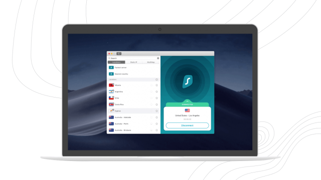 ภาพหน้าจอการเชื่อมต่อสถานะคอมพิวเตอร์ของ Surfshark