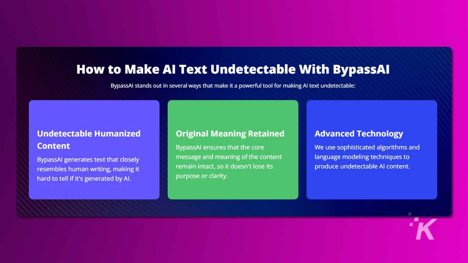 Esta imagen presenta un gráfico que describe tres aspectos de bypassai: crear contenido indetectable similar al humano, conservar el significado original y usar tecnología avanzada usando bypassai.