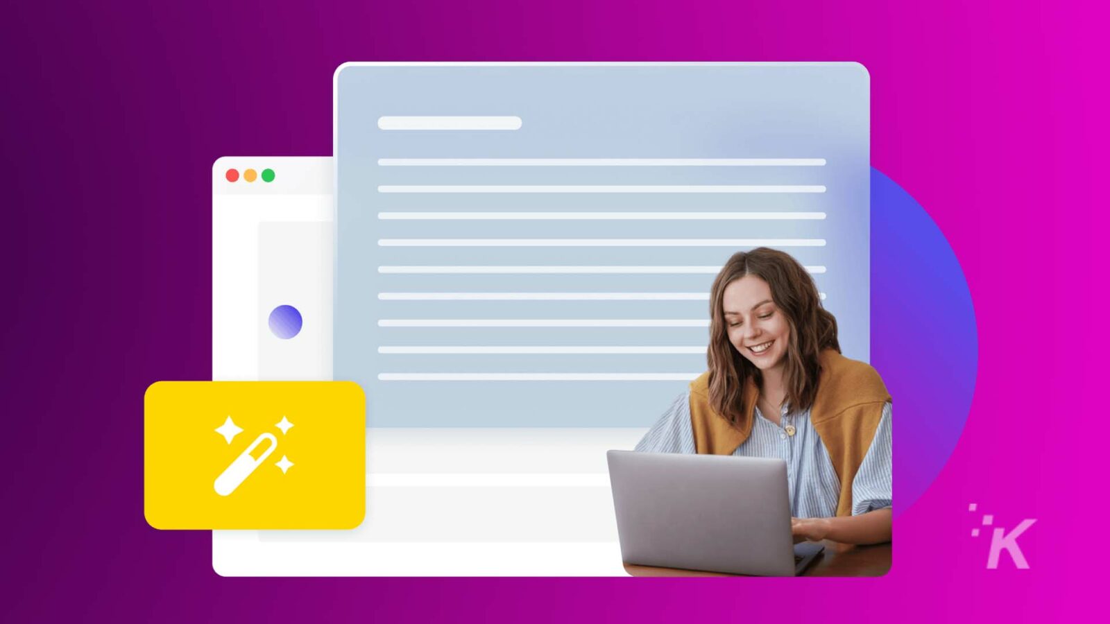Una persona sonríe a su computadora portátil con una superposición gráfica que implica herramientas de desarrollo web, con un fondo violeta y azul vibrante.