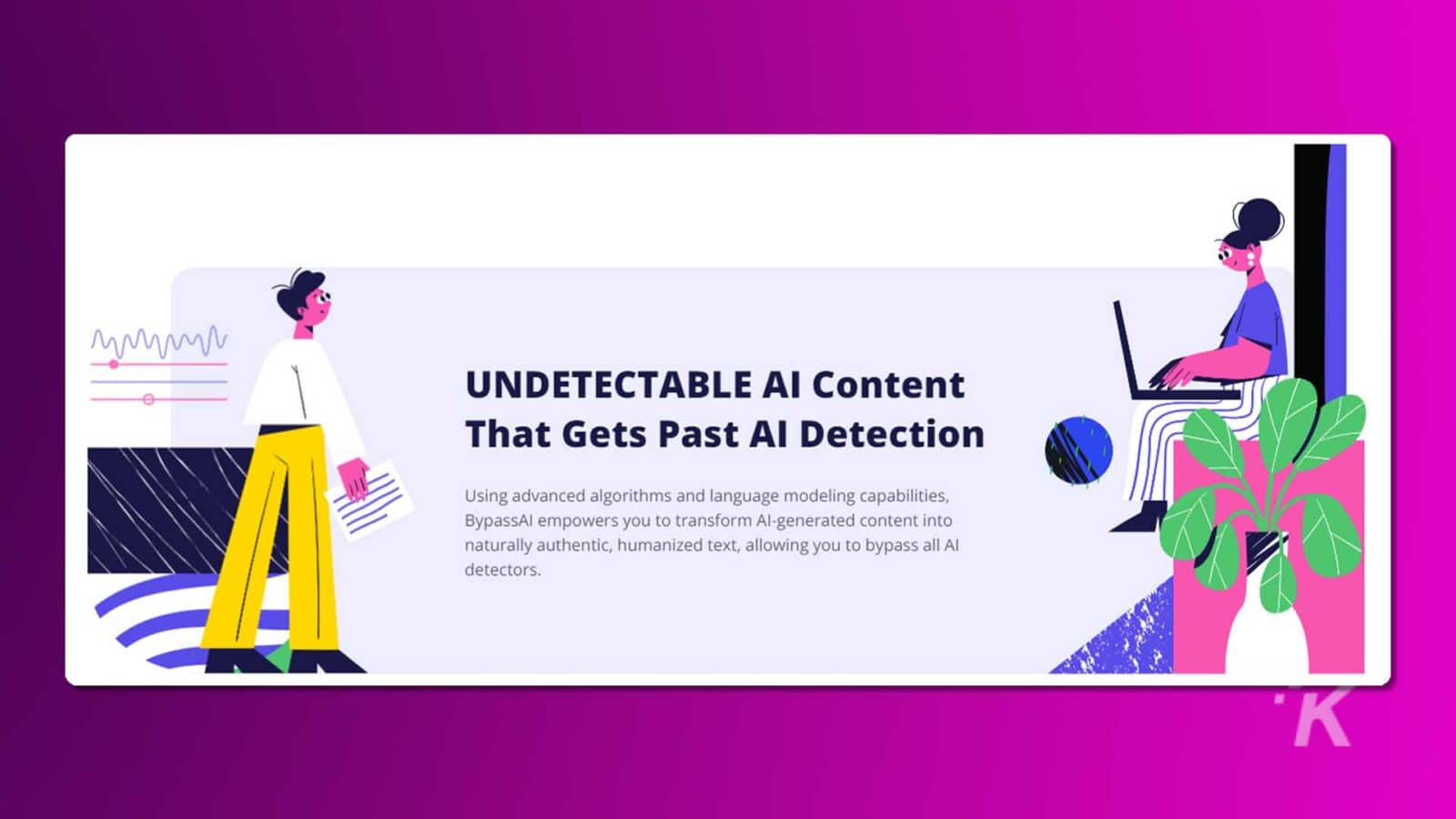 La imagen presenta un gráfico estilizado con dos personas adyacentes al texto que promueve "contenido de IA indetectable que supera la detección de IA", haciendo referencia a algoritmos avanzados. Usando el software bypassai