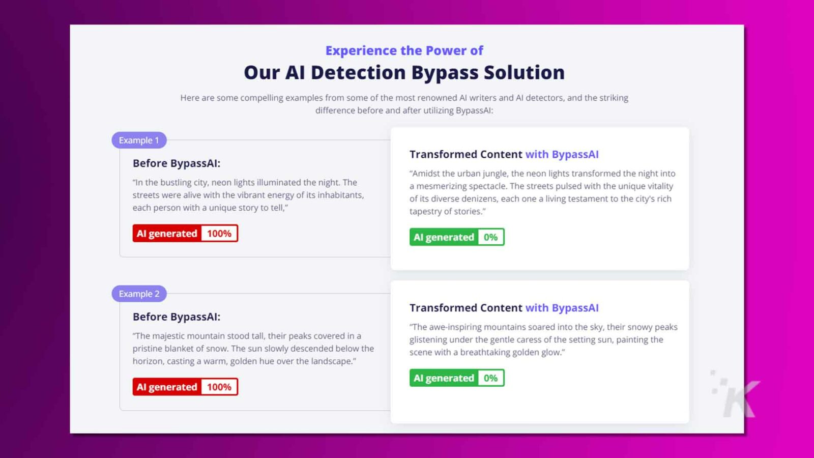 La imagen muestra una página web que anuncia una solución de omisión de detección de IA con ejemplos de transformación de contenido de antes y después.