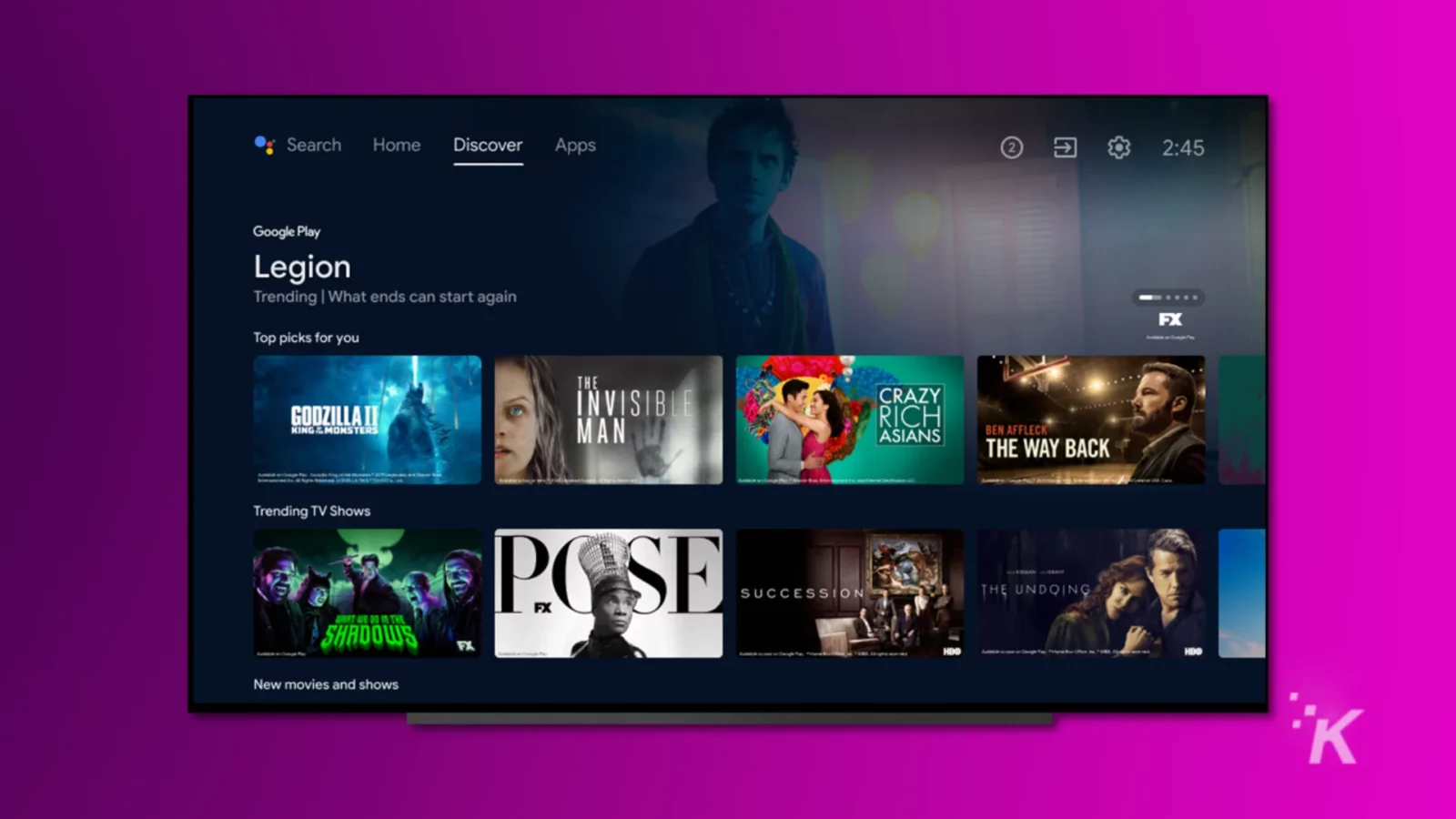 cara membatalkan layanan berlangganan yang mungkin Anda bayar The image shows a tv screen displaying a media streaming interface with movie and tv show thumbnails, including titles like "legion" and "the invisible man. "
