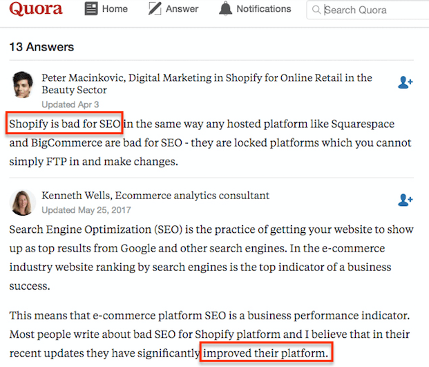 Shopify SEO の良いまたは悪いコミュニティの回答
