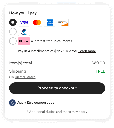 Pagamento con metodi di pagamento Etsy