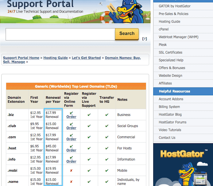 Hostgator ドメイン名の更新価格