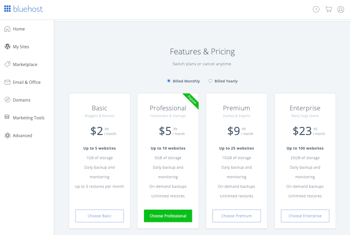 Bluehost fiyatlandırması