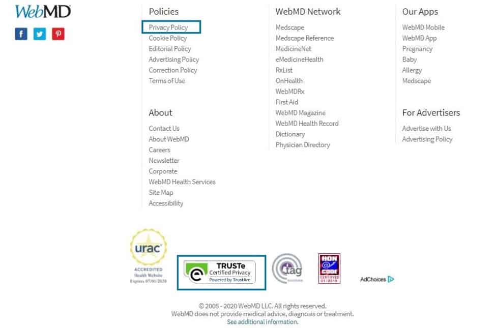 مثال على تذييل موقع ويب WebMD