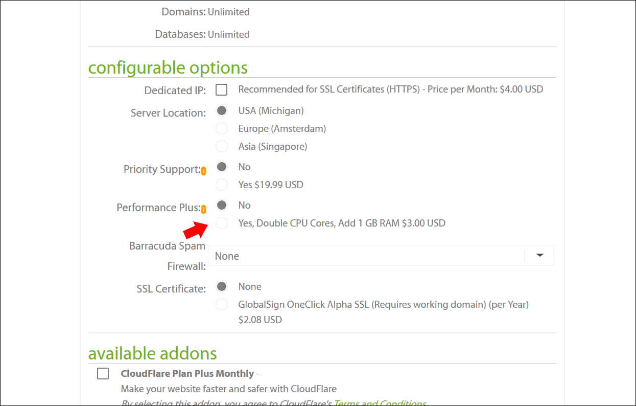 Opciones configurables de A2 Hosting