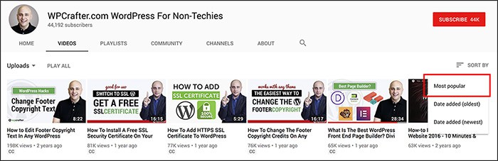Ordina per Più popolari sul canale Youtube
