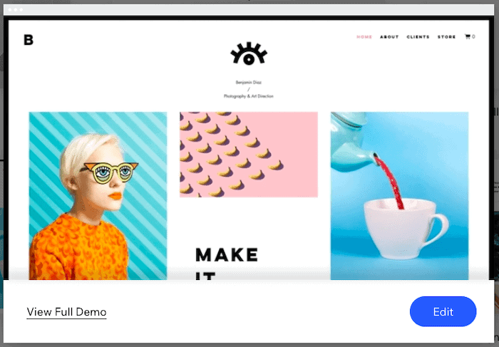 demonstração de modelo de portfólio wix