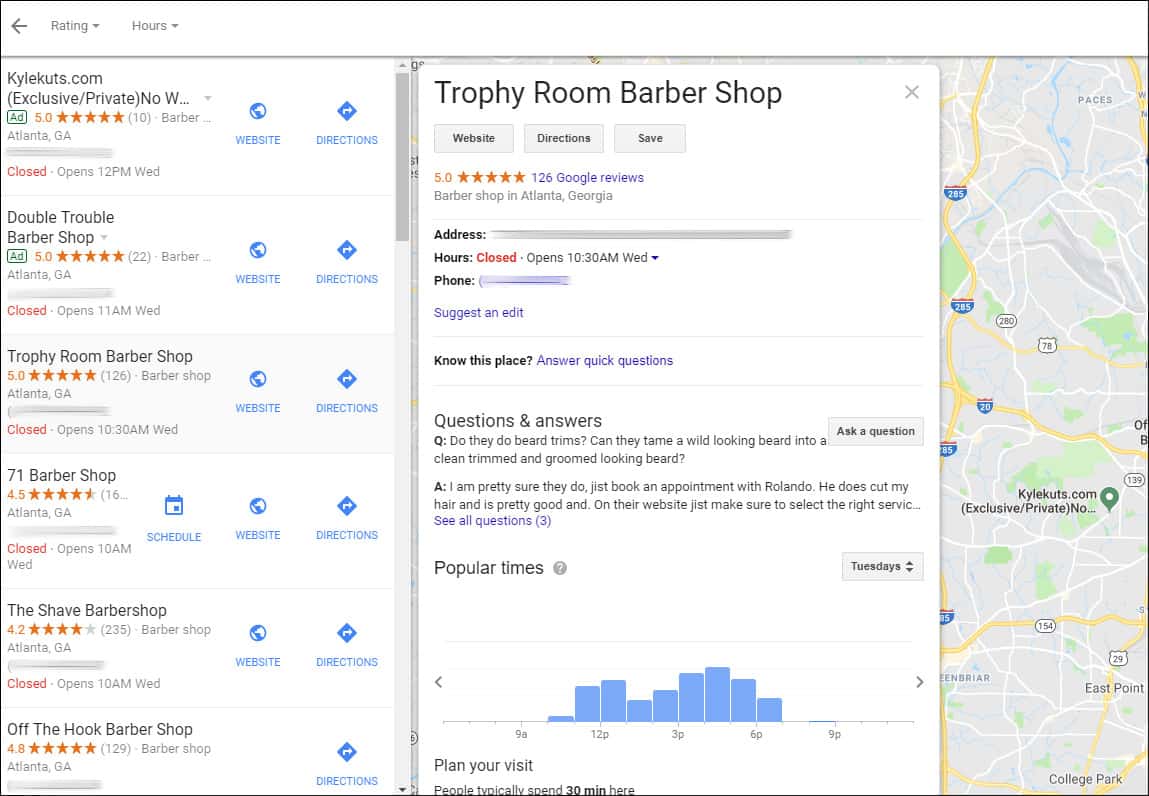 Resultados do gráfico local e do pacote de mapas do Google para uma barbearia local