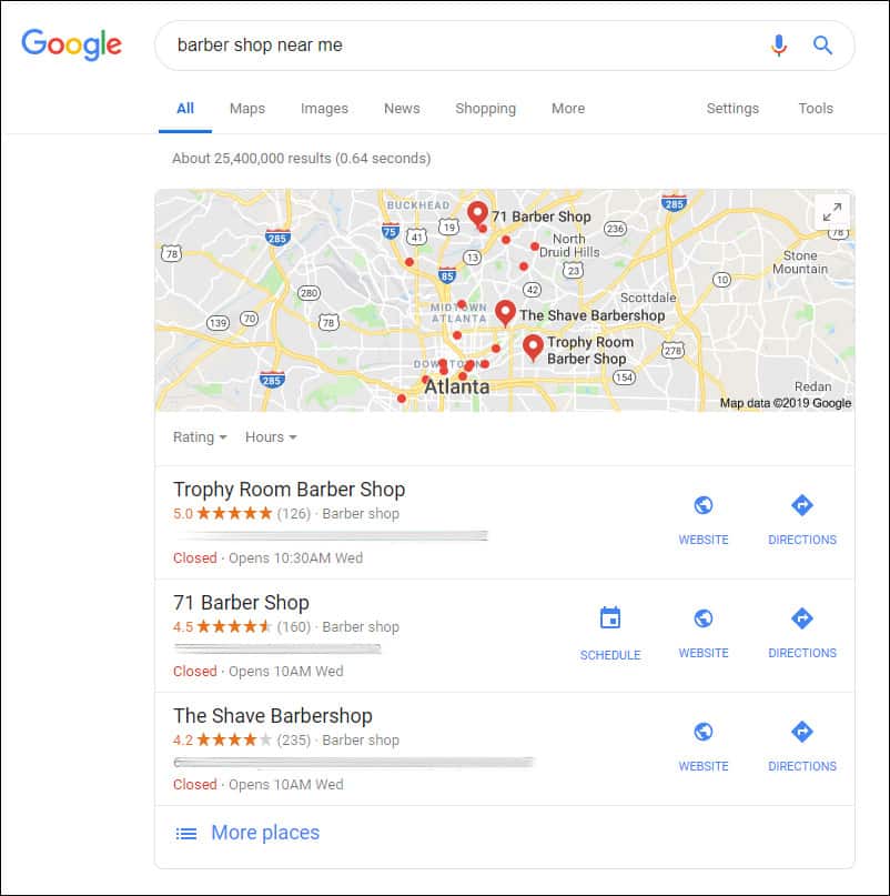 地元の理髪店の Google マップ パックの例