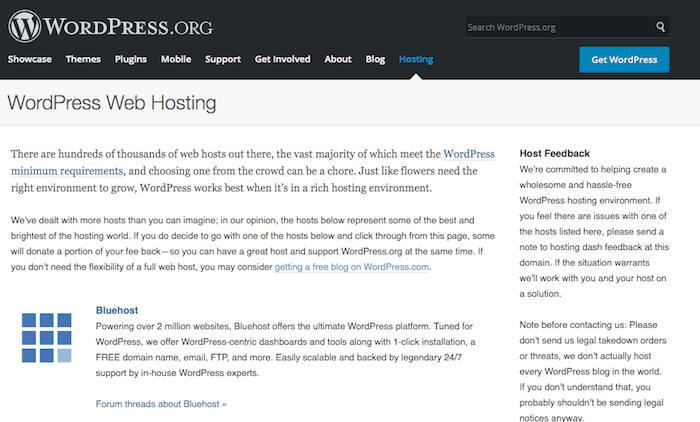 wordpress bluehost'u önerir