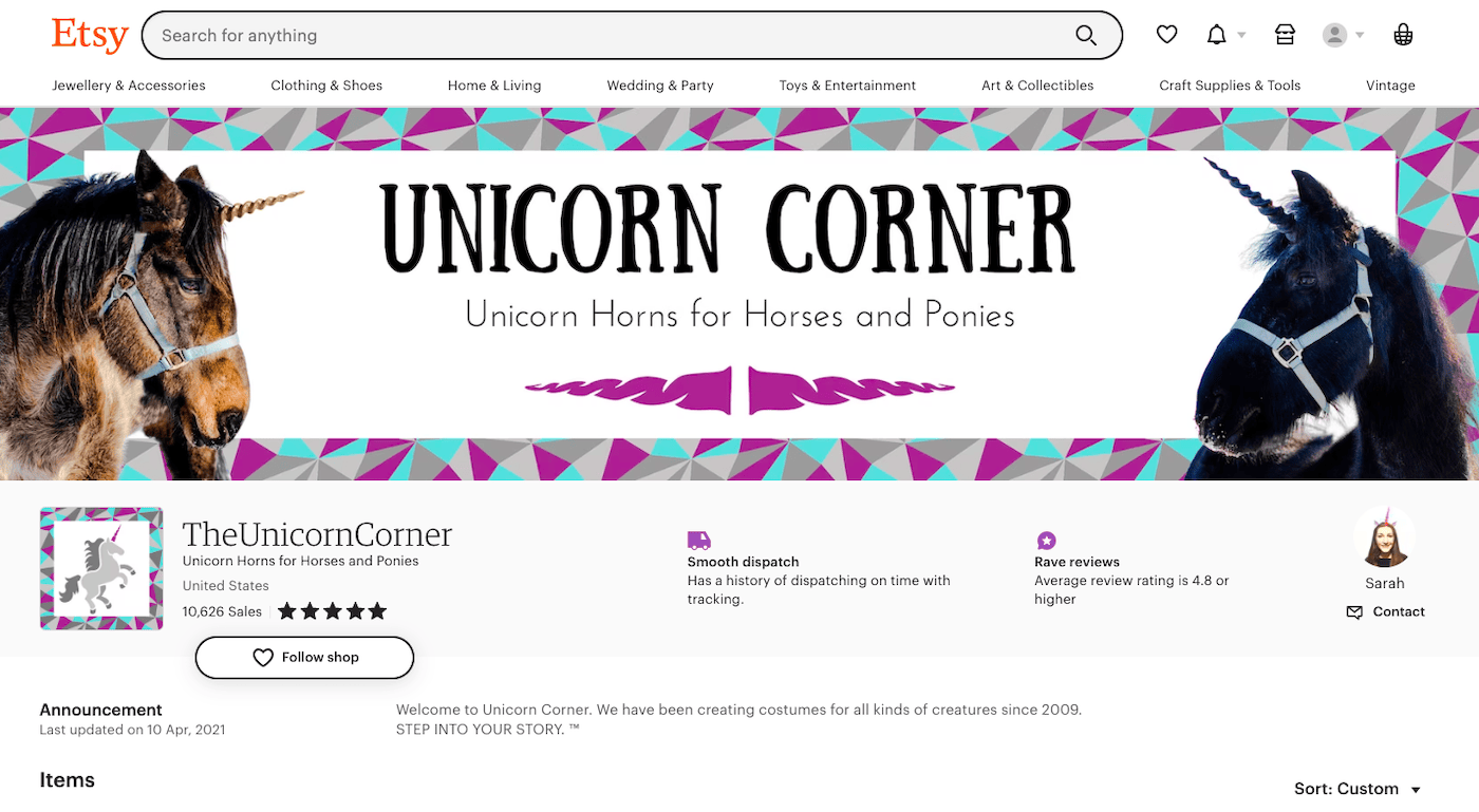 unicorn corner etsy store