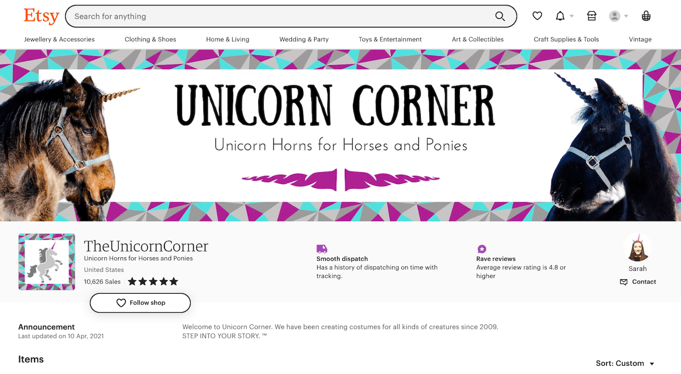 Negozio Etsy dell'angolo dell'unicorno