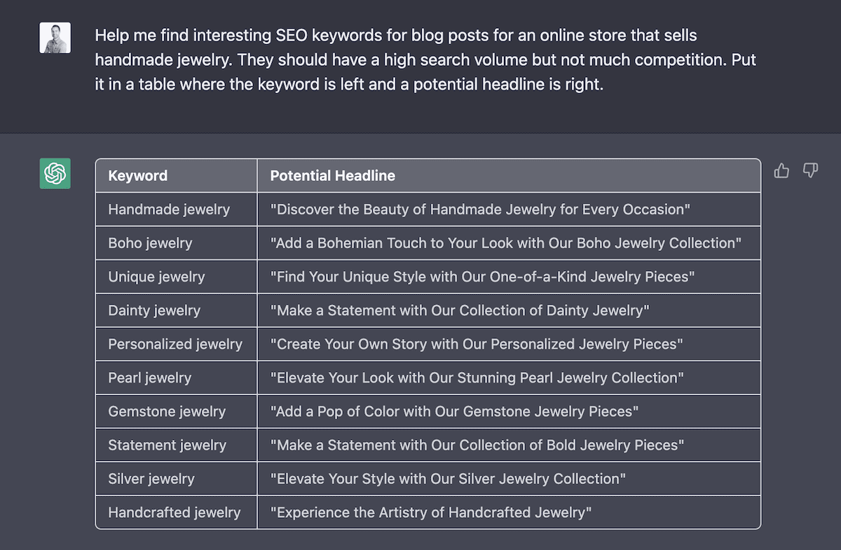 チャット gpt seo キーワードと見出しのテーブル