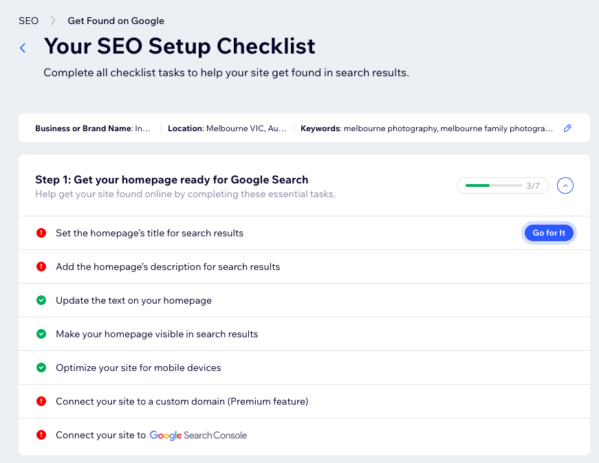 lista de verificación de SEO de wix