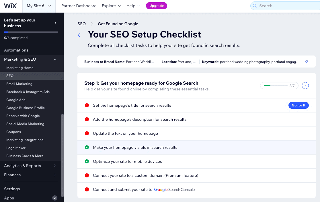 خطوات قائمة مراجعة Wix SEO