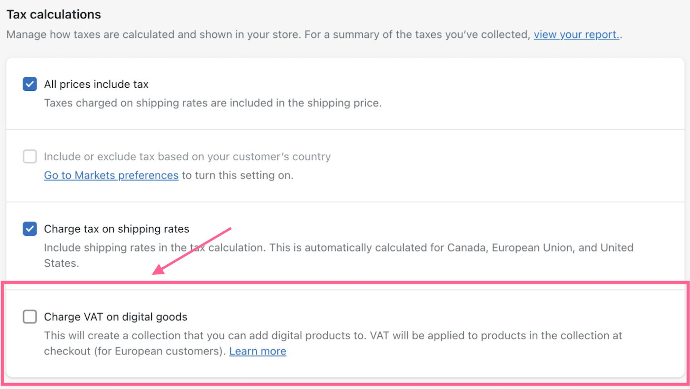 خيارات ضريبة القيمة المضافة على Shopify