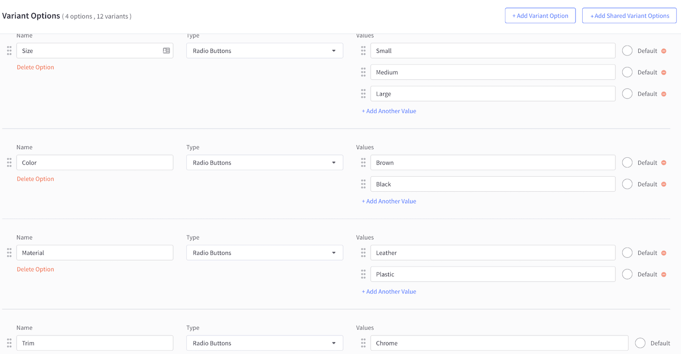 BigCommerce varyant seçenekleri