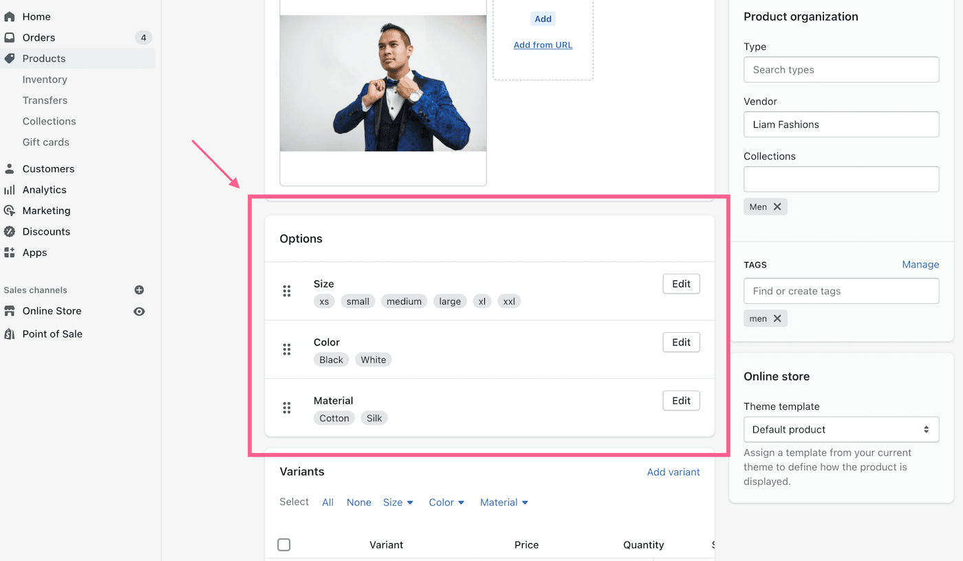 Shopify خيارات المنتج