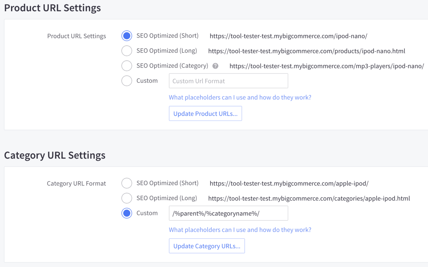 BigCommerce URL seçenekleri